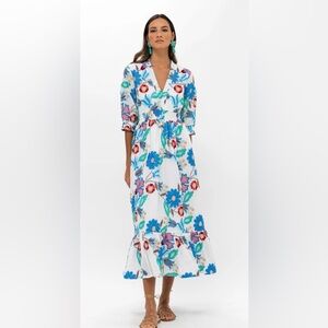 Oliphant V Neck Smocked Waist Floral Midi Dress with Blue and Red Flowers M NEW